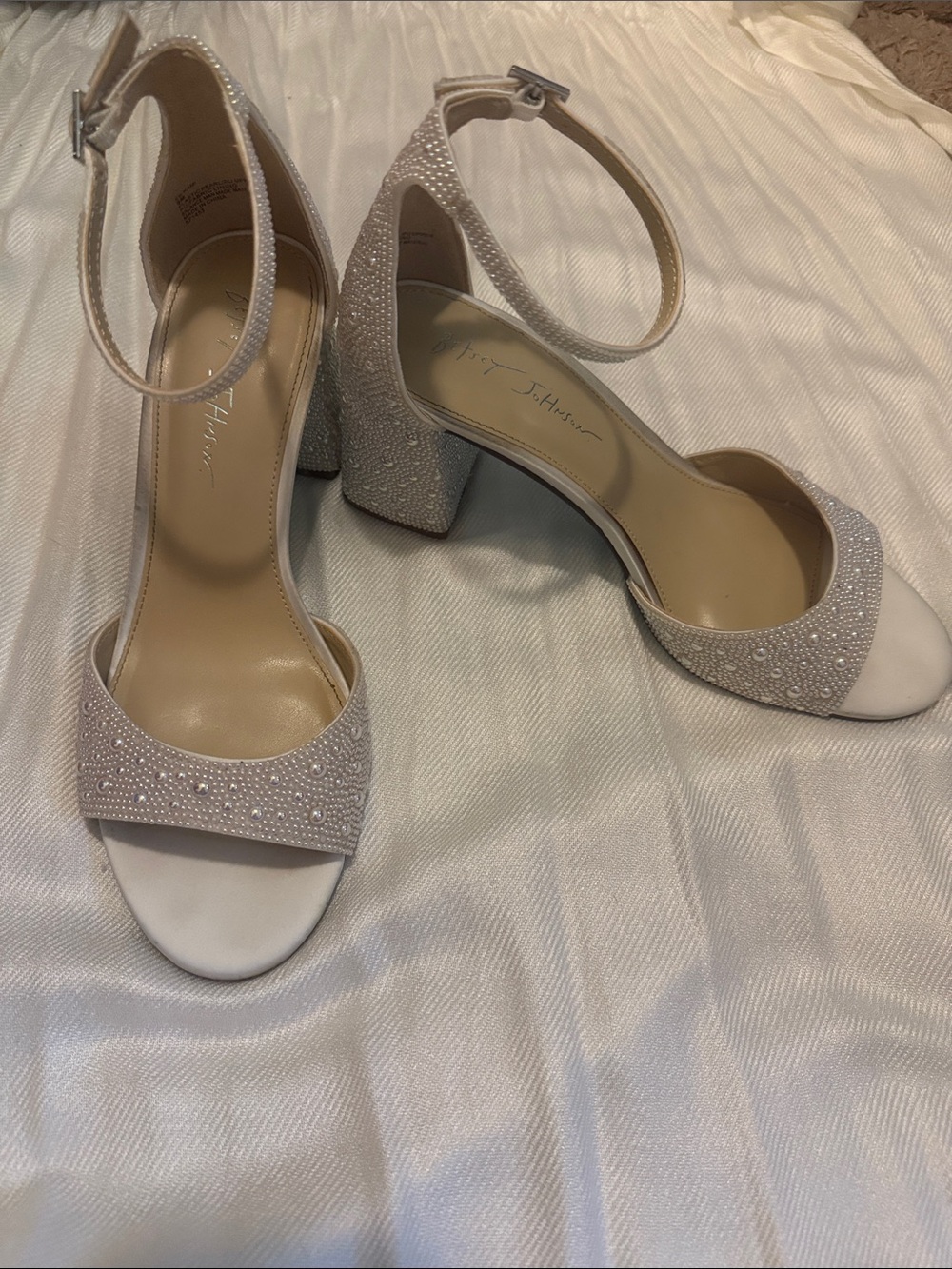 Betsey Johnson Pearl Embellished Block Heel Sandals
